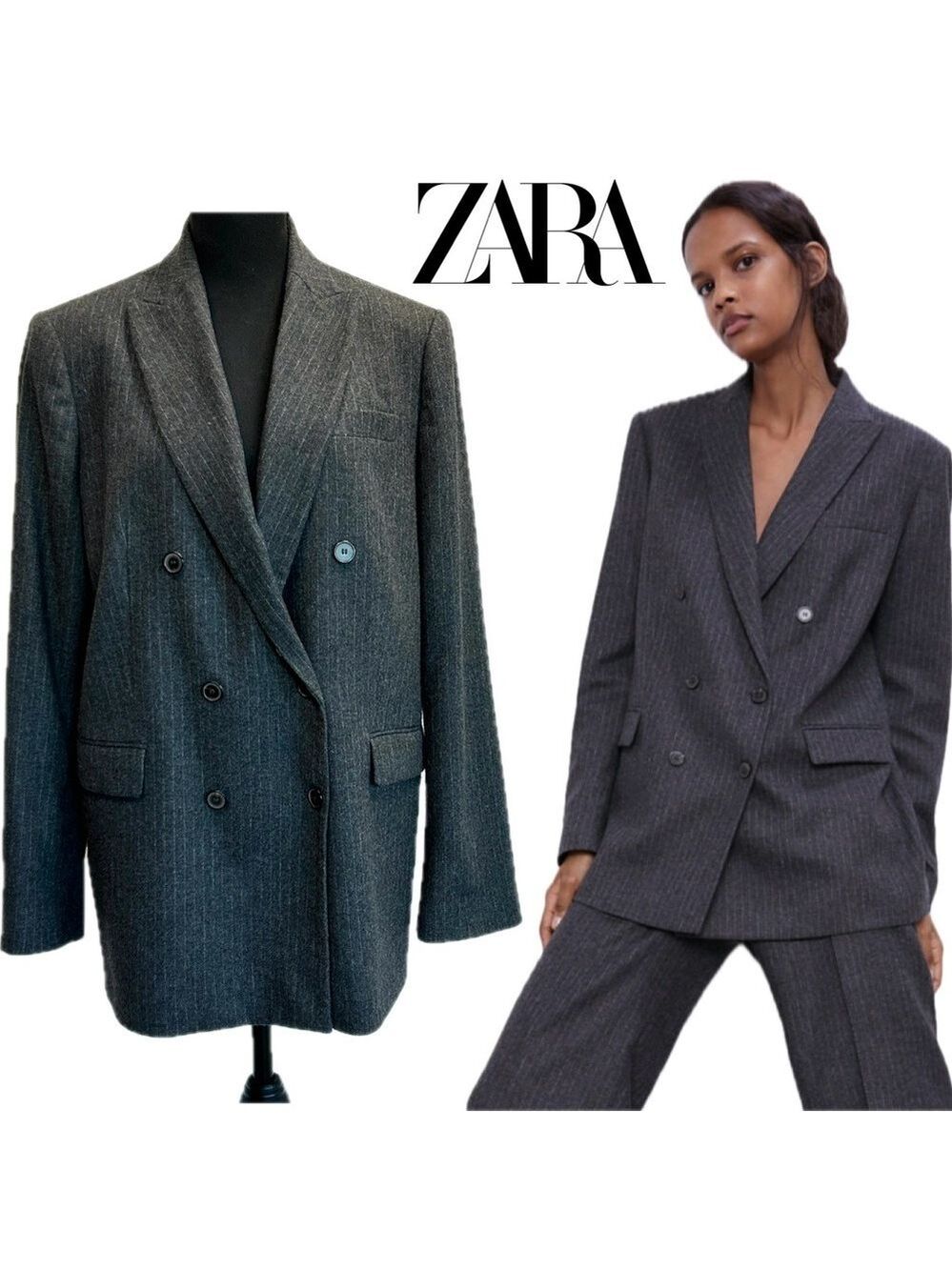 Zara charcoal gray wool blend pinstripe double breasted blazer Sz L professional